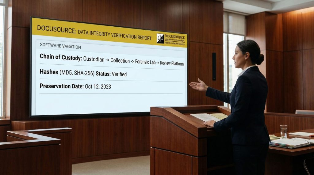 Certified digital forensic expert witness providing technical testimony on ESI chain of custody and data integrity in a courtroom setting.