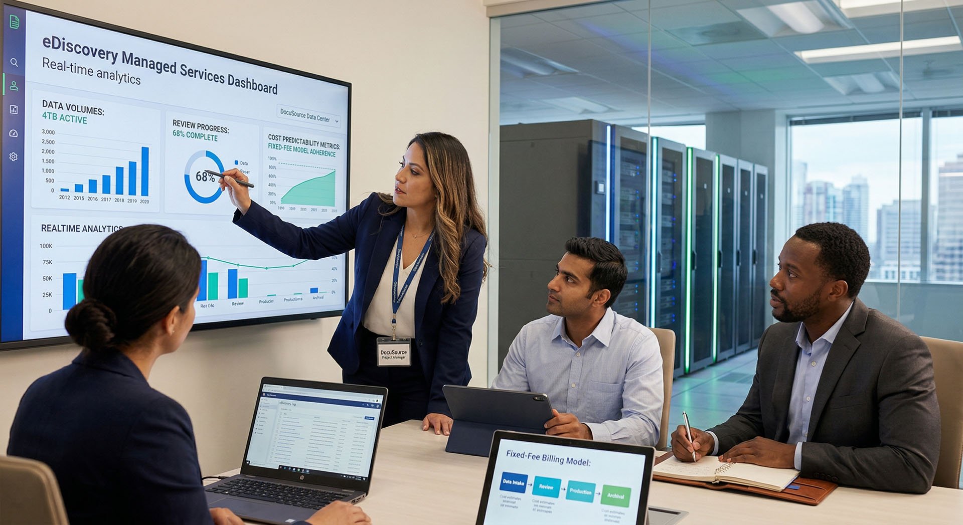 DocuSource project manager and law firm attorney collaborating on a custom eDiscovery managed services dashboard and ESI review strategy in a modern legal office.