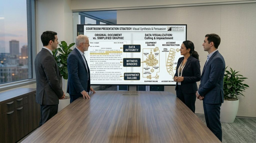 Two attorneys and two DocuSource consultants in a professional boardroom reviewing a 'Courtroom Presentation Strategy' on a large display, featuring side-by-side comparisons of original documents and simplified data visualizations including accident reconstruction and equipment failure graphics.