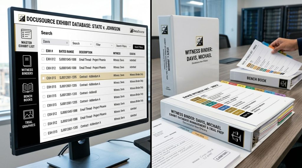 Split-screen view of a digital litigation database on a monitor alongside professional, tabbed Witness Binders and Bench Books, demonstrating the transition from electronic exhibit indexing to physical trial preparation by DocuSource