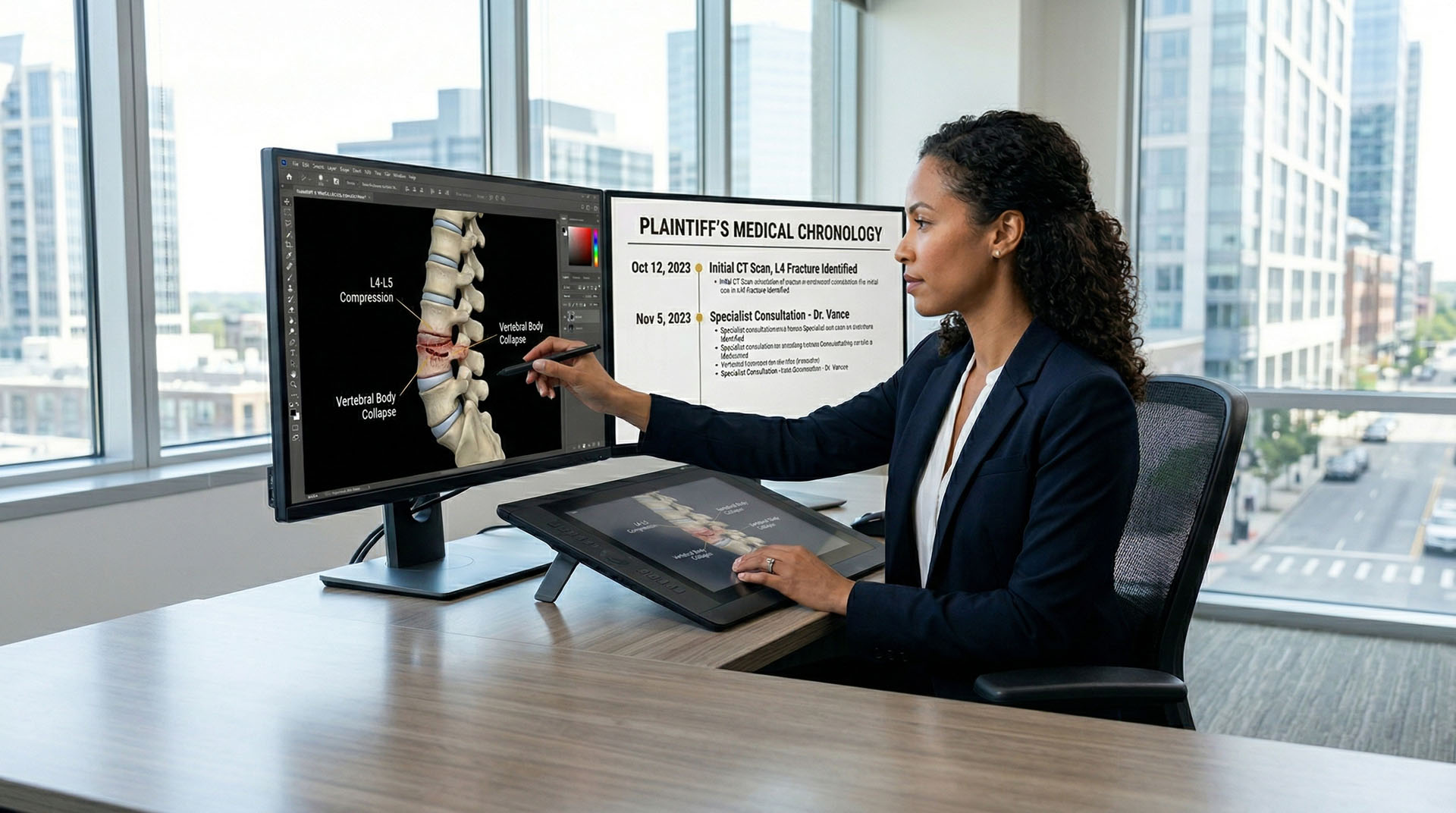 Female medical-legal illustrator using pen tablet for forensic graphic design in modern office, featuring a detailed human spine with labeled vertebral body collapse on dual-monitor display and 'PLAINTIFF'S MEDICAL CHRONOLOGY' list for litigation.