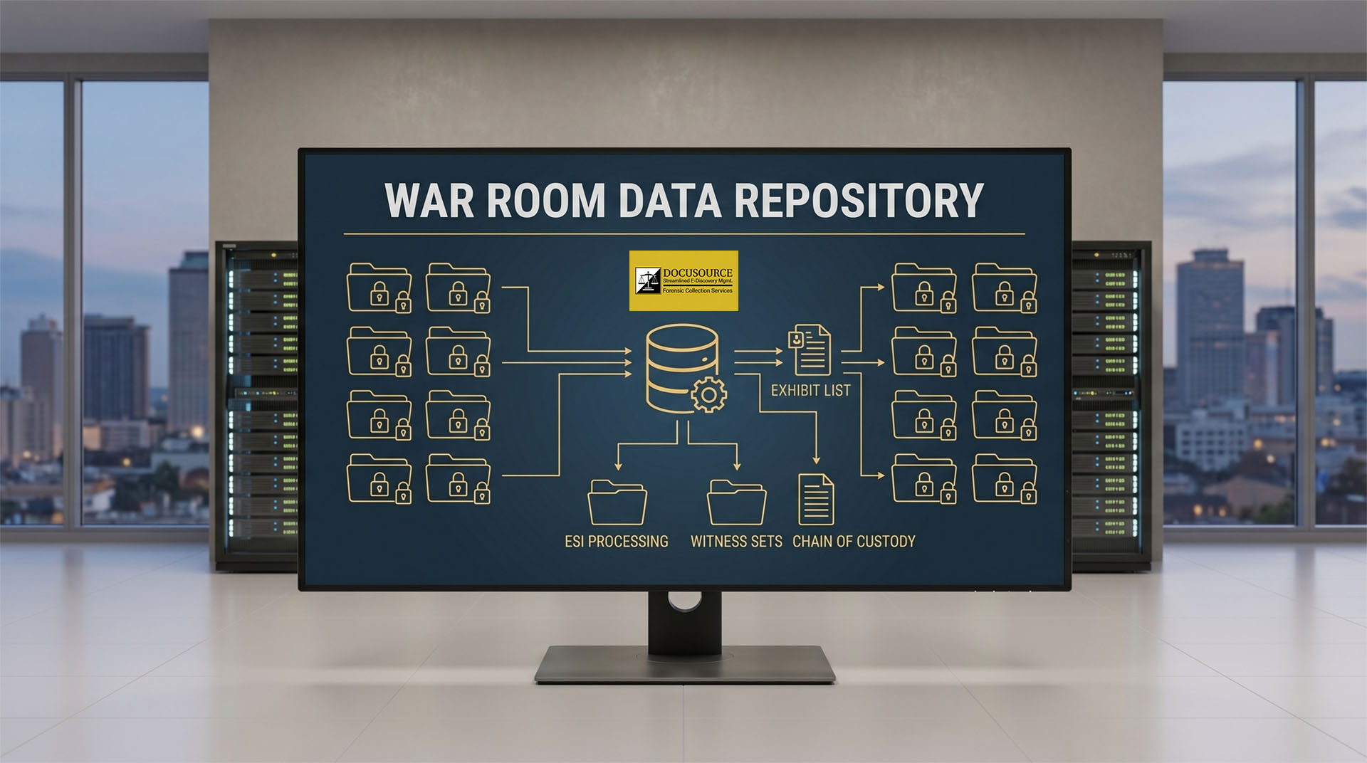 A professional 'War Room Data Repository' infographic displayed on a monitor in a secure server room environment, illustrating the DocuSource workflow for ESI processing, witness sets, exhibit lists, and forensic chain of custody.