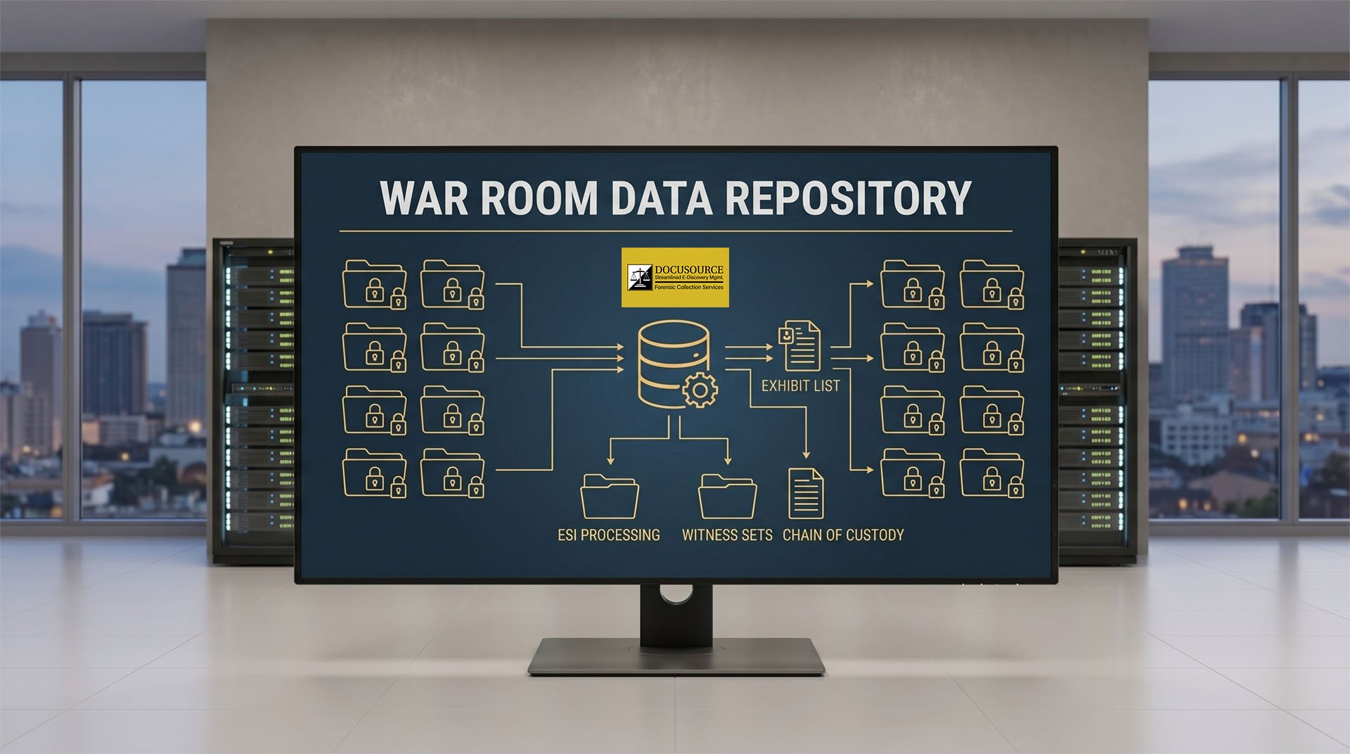 A professional 'War Room Data Repository' infographic displayed on a monitor in a secure server room environment, illustrating the DocuSource workflow for ESI processing, witness sets, exhibit lists, and forensic chain of custody.